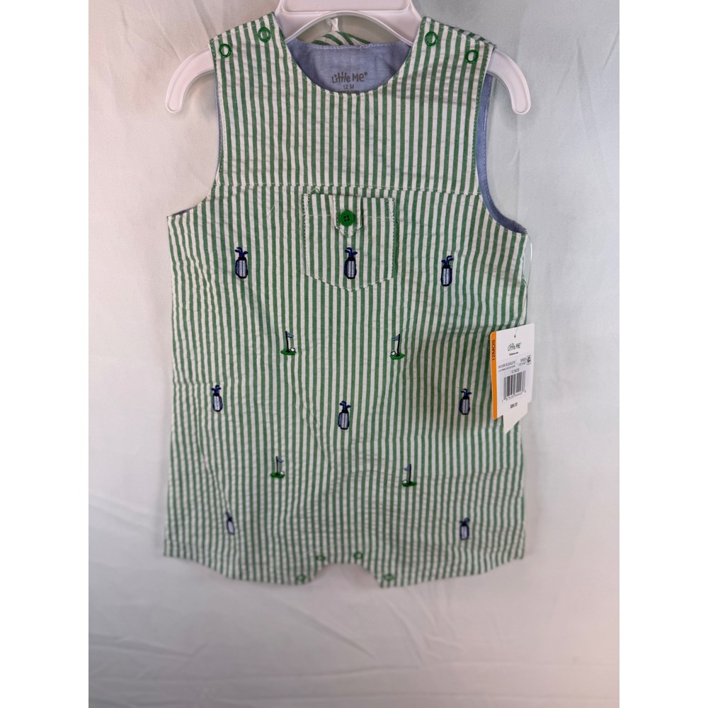 Little Me Baby Boy Golf Seersucker Romper and Hat Set Green White Stripe 12M NWT